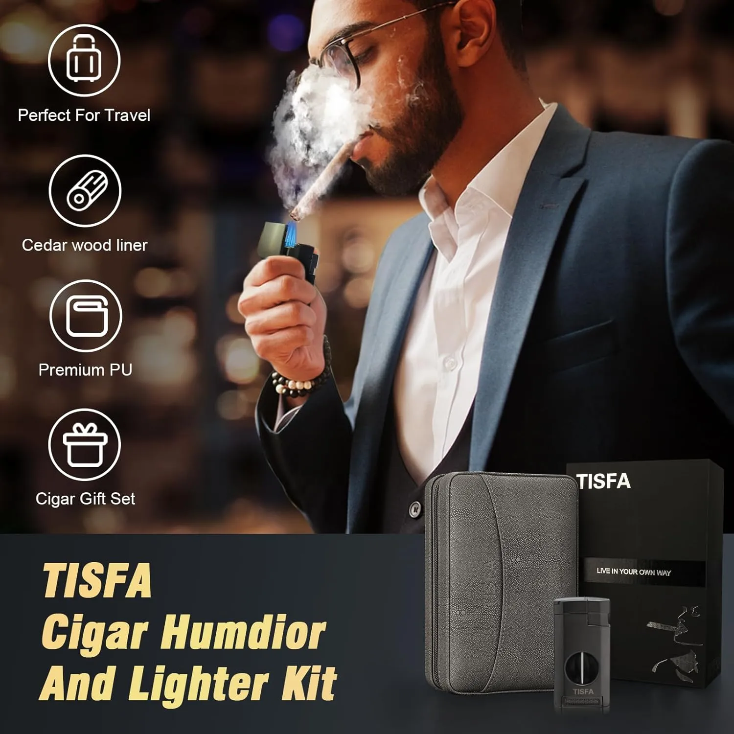 TISFA Cigar Humidor and Cigar Lighter Set, Portable Cigar Travel Case with Multifunctional Lighter, Includes Cigar V Cutter, Cigar Holder, Leather Humidor Cigar Box Cigar Gifts for Men (Stone Gray)