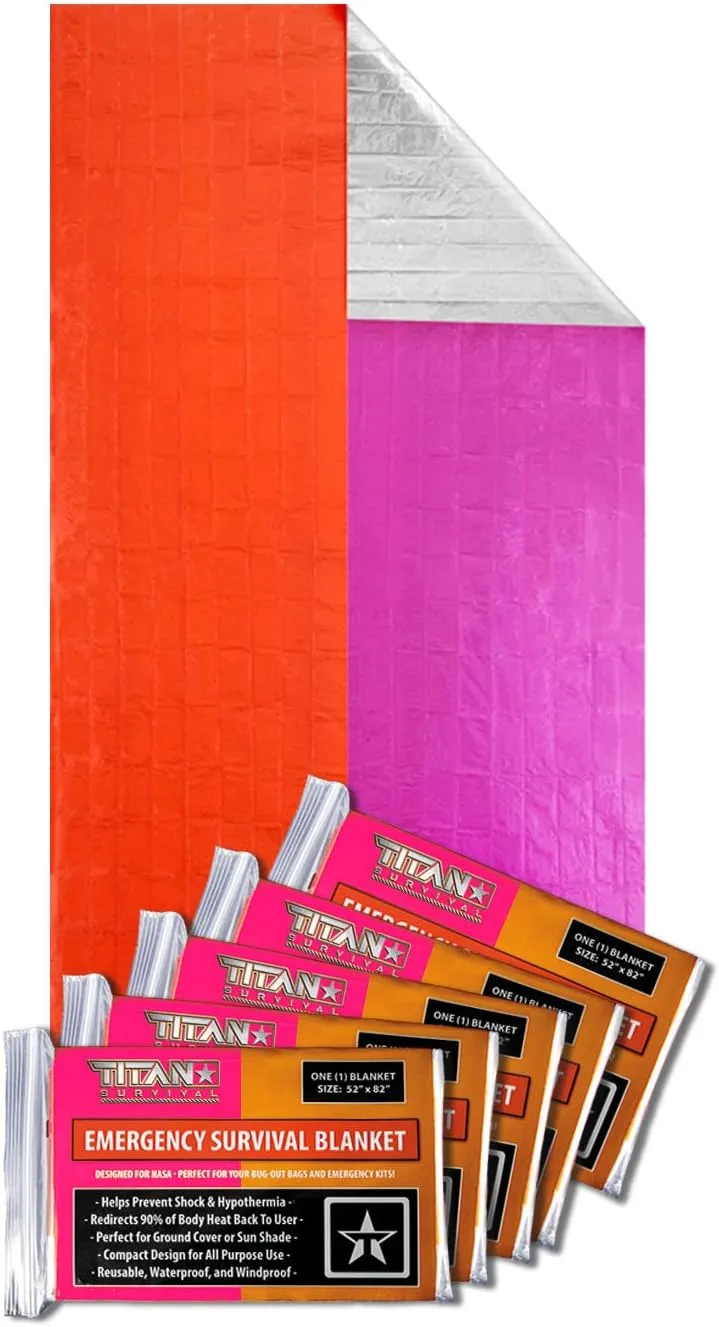 TITAN Survival - Mylar Survival Blankets 5 Pack - 90% Heat Retention & Waterproof Design - Emergency Blanket Cold Weather Protection & Survival Kits - Durable Space Blanket for Outdoor Use