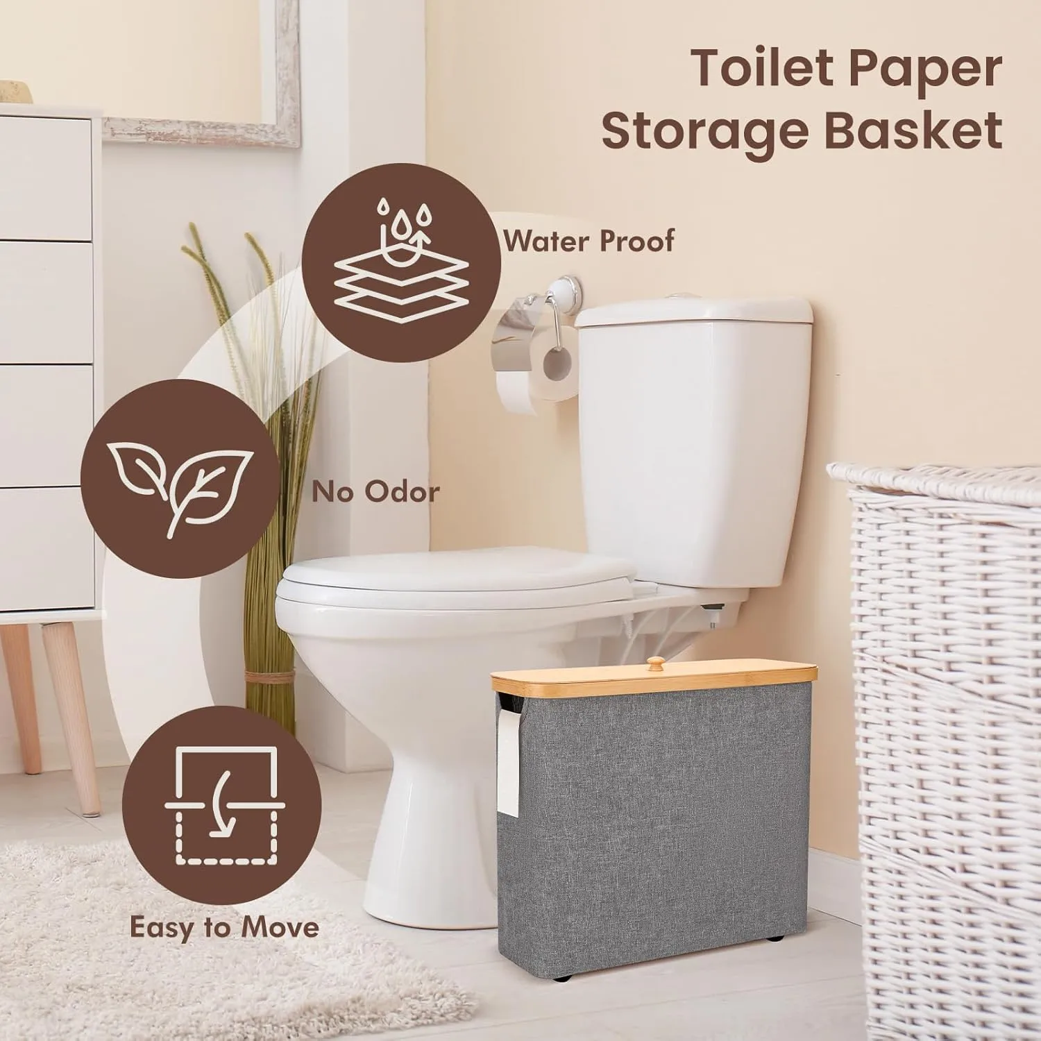 Toilet Paper Storage 30L - Waterproof Toilet Paper Basket with Bamboo Lid and Handle, Bathroom Organizer (Dark Grey)