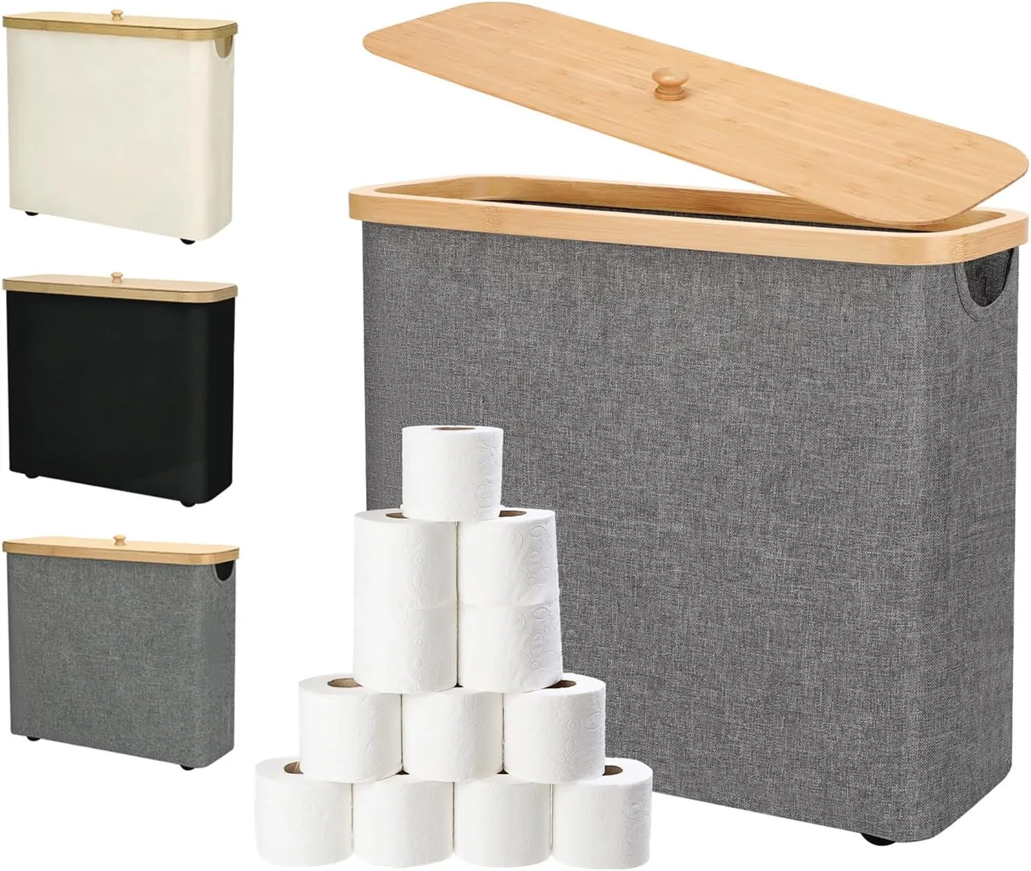Toilet Paper Storage 30L - Waterproof Toilet Paper Basket with Bamboo Lid and Handle, Bathroom Organizer (Dark Grey)