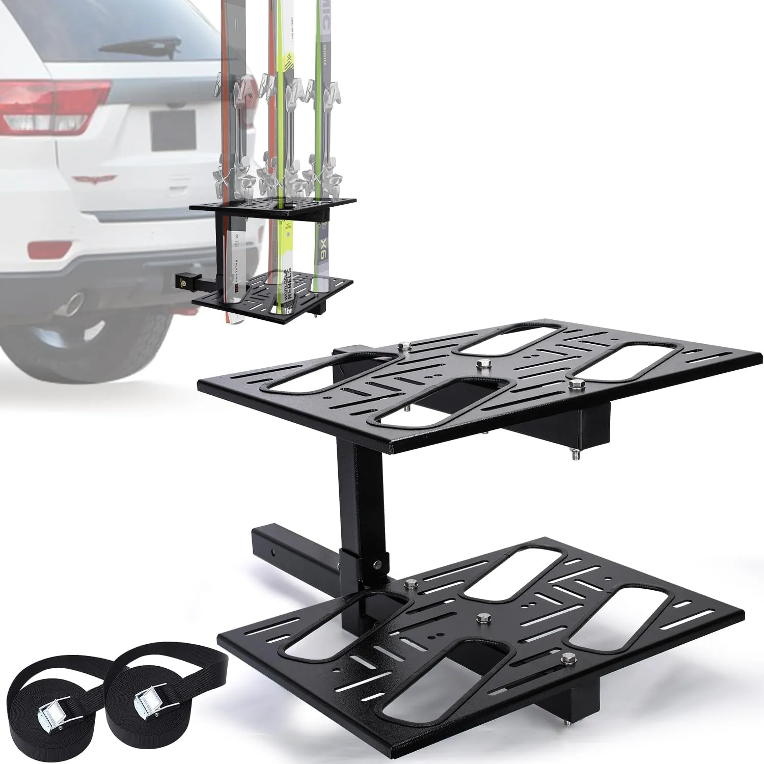 TOPOWN Folding Hitch Ski Rack Suited for 2" Hitch Receiver, Ski Accessories for Car with Lock System and Safety Straps,4 Skis Pairs Adjustable Ski Rack for car with Easy Tilt