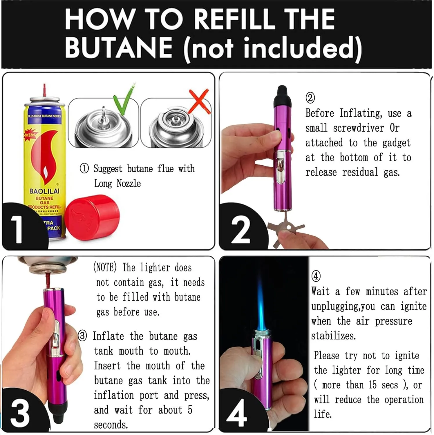 Torch Butane Lighters,Lighter Refillable Butane Fuel Soft Flame Adjustable Pen Torch Windproof Lighters, 2 Pack Purple(Gas Not Included)