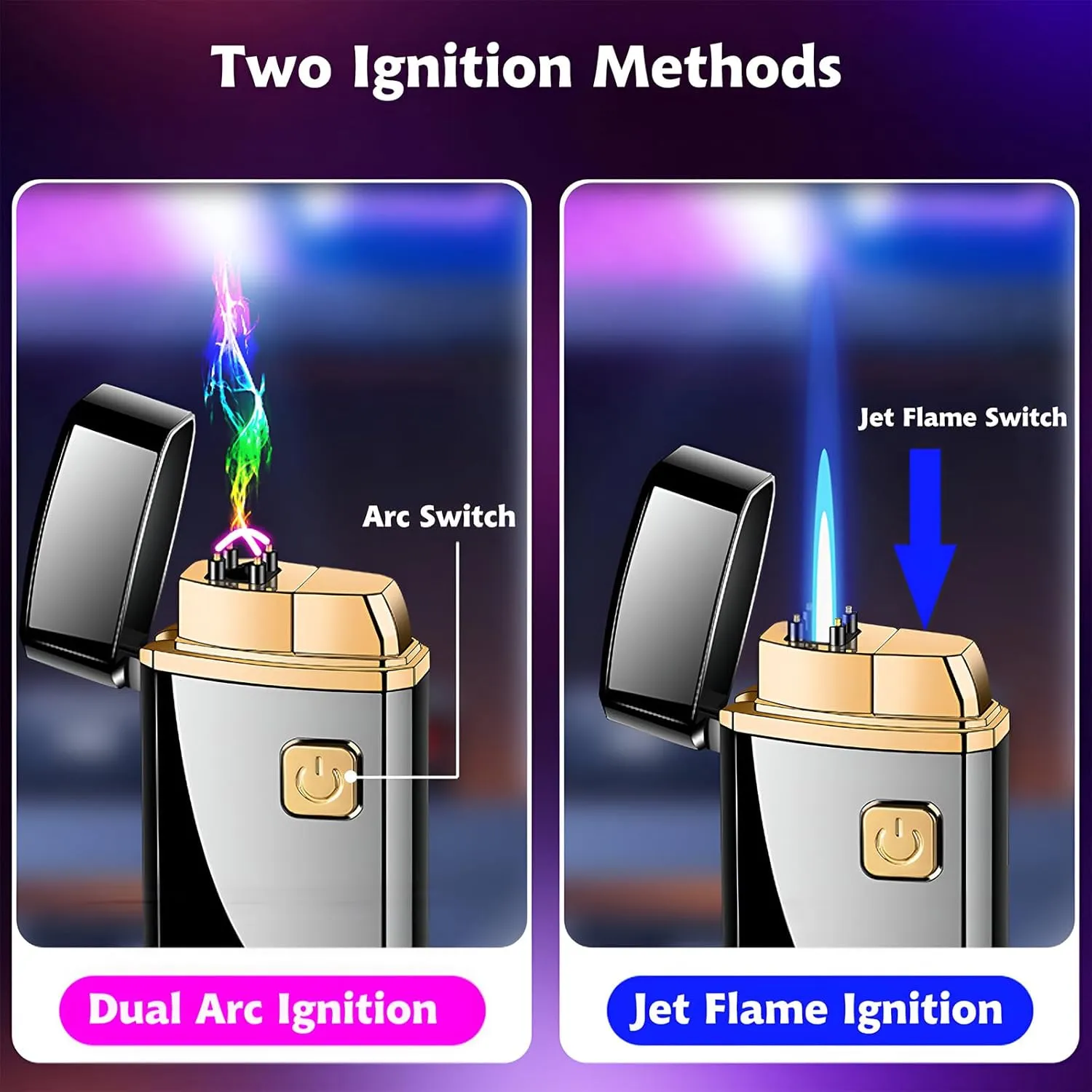 Torch Lighter 2 in 1: Jet Flame Butane and Dual Arc USB Rechargeable Electric Lighter With Battery Indicator, Refillable Windproof for Gifts (Without Butane) - Black