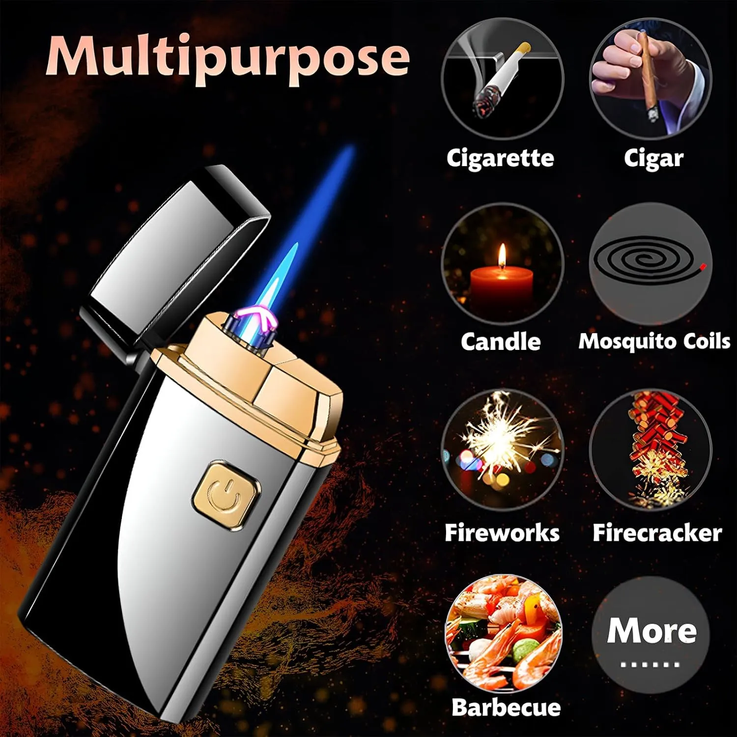 Torch Lighter 2 in 1: Jet Flame Butane and Dual Arc USB Rechargeable Electric Lighter With Battery Indicator, Refillable Windproof for Gifts (Without Butane) - Black