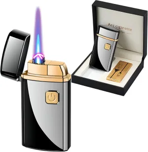 Torch Lighter 2 in 1: Jet Flame Butane and Dual Arc USB Rechargeable Electric Lighter With Battery Indicator, Refillable Windproof for Gifts (Without Butane) - Black