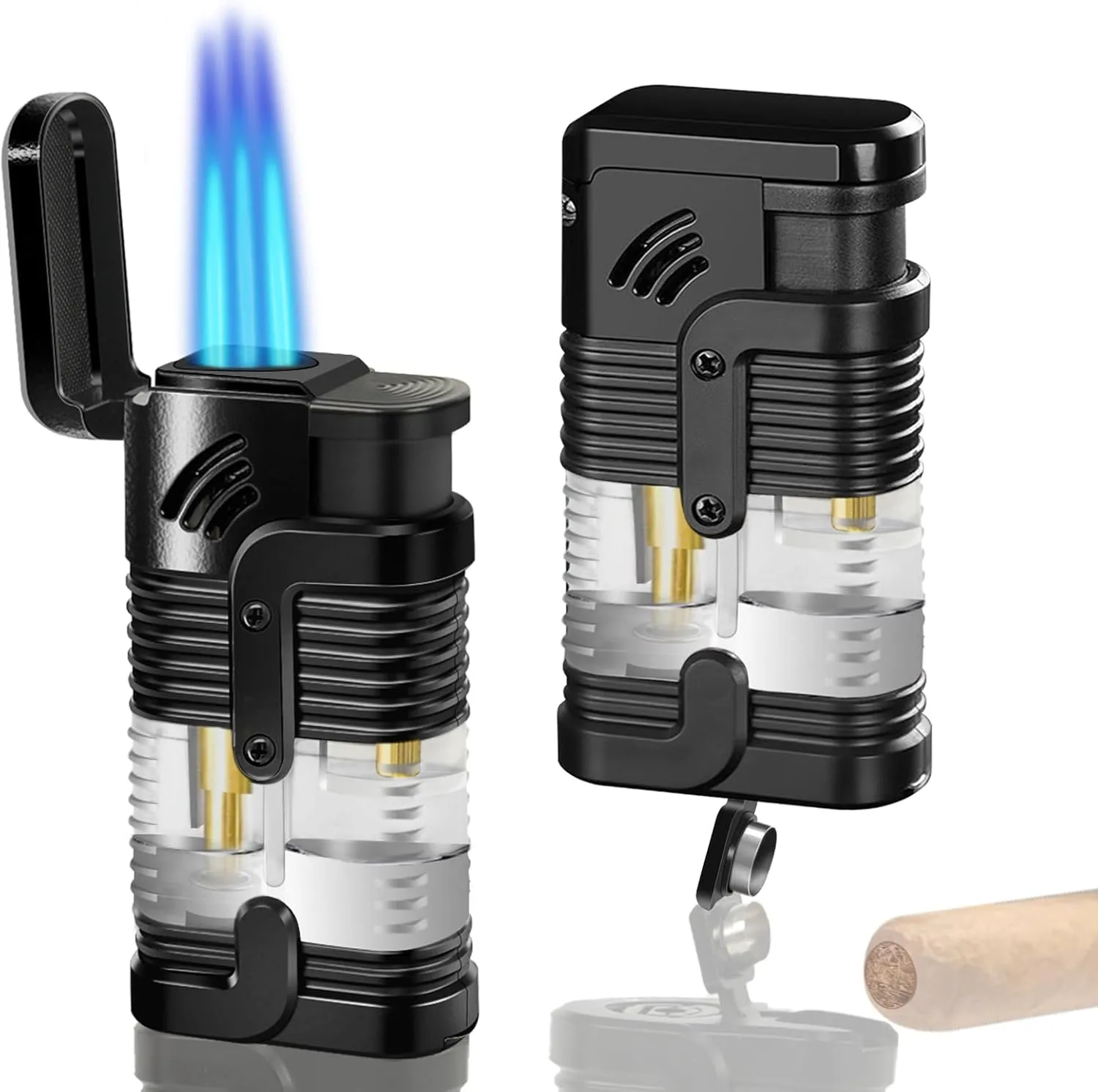 Torch Lighter 2 Pack Triple Jet Flame Butane Lighter Refillable Windproof Lighters Adjustable Flame Jet Lighter - Butane Not Included (2 Pack Black)