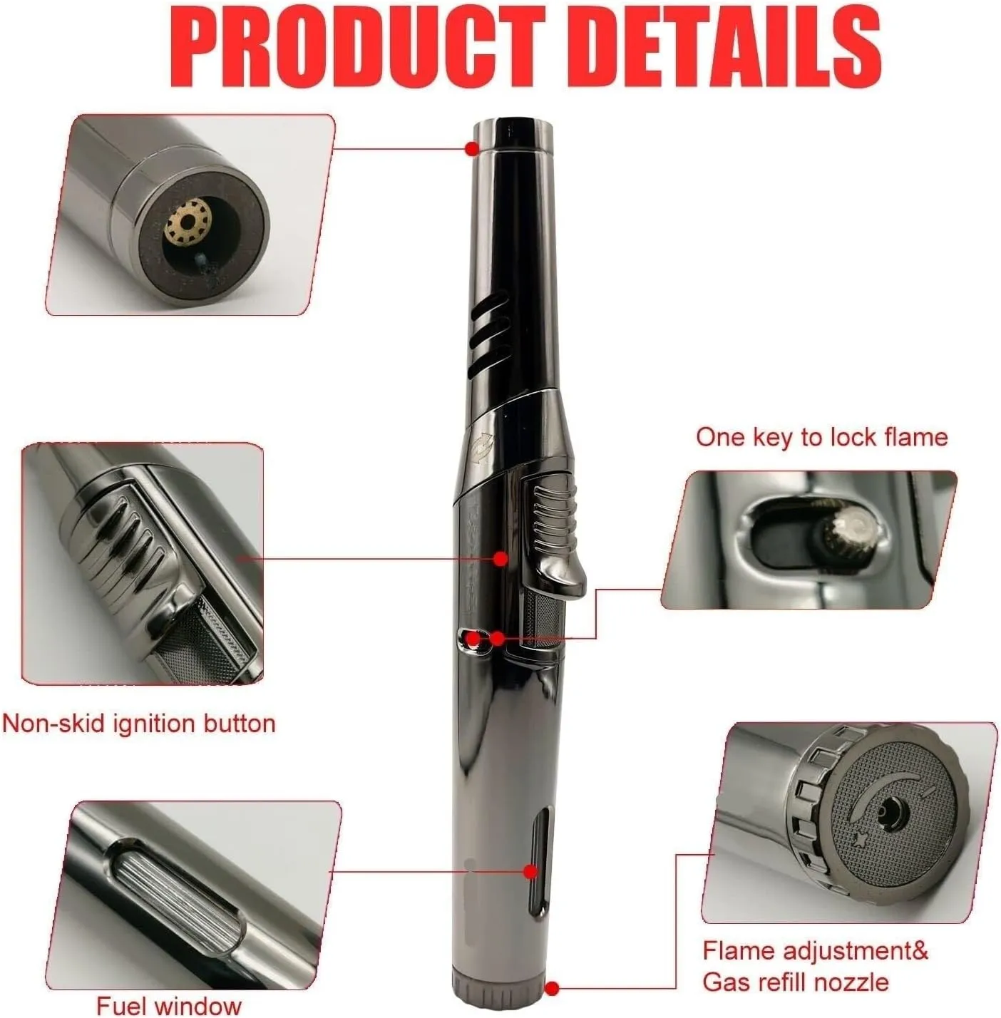 Torch Lighter Adjustable Lockable Jet Flame Lighter, Refillable Long Pen Lighter with Gas Window for Candle Camping (Butane Not Included)(Black)