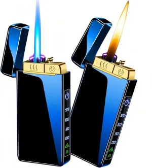 Torch Lighter, Butane Torch Open Flame Plasma Dual Arc 3-in-1 Lighter, USB Rechargeable Electric Lighters with Flashlight, Windproof Refillable Lighters (Without Fuel) (Blue Ice)
