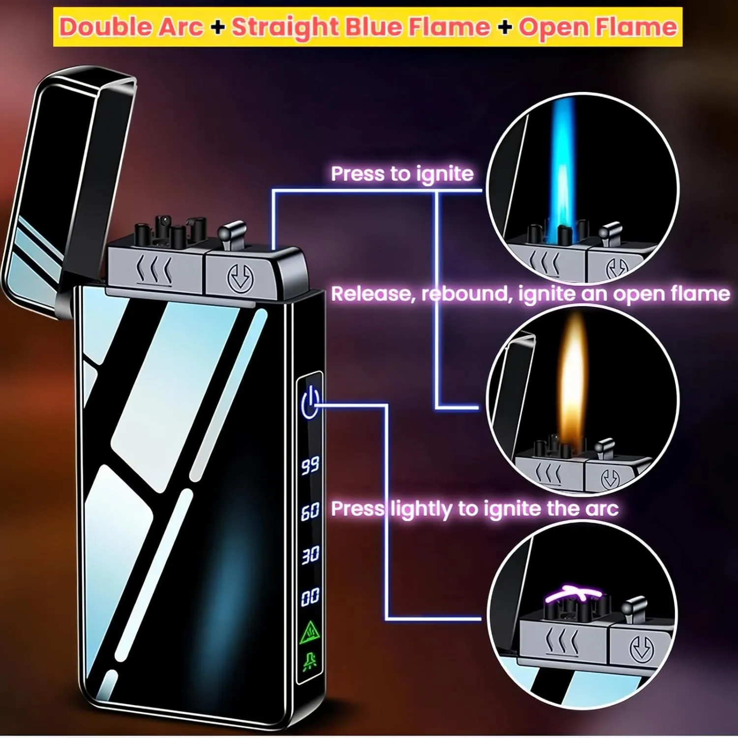 Torch Lighter, Butane Torch Open Flame Plasma Dual Arc 3-in-1 Lighter, USB Rechargeable Electric Lighters with Flashlight, Windproof Refillable Lighters (Without Fuel) (Blue Ice)