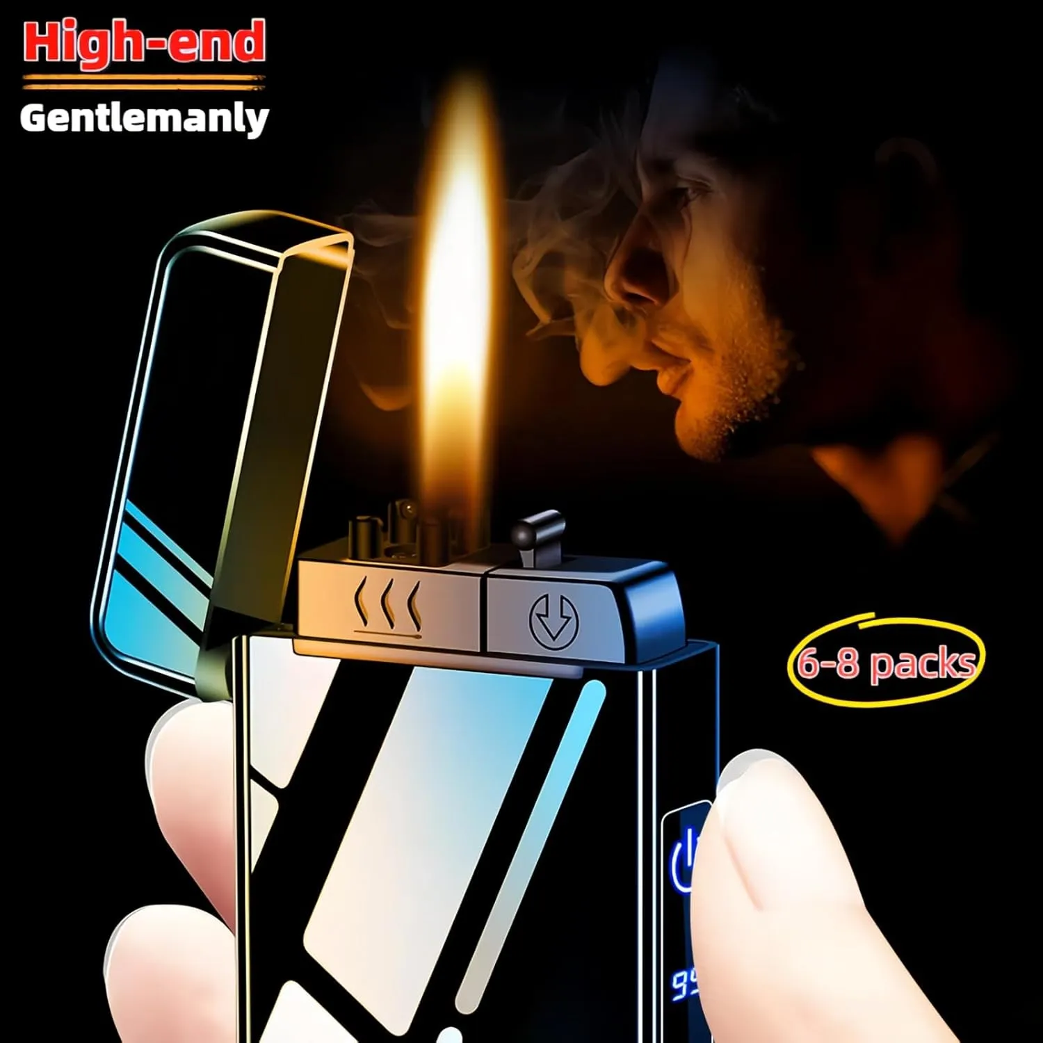 Torch Lighter, Butane Torch Open Flame Plasma Dual Arc 3-in-1 Lighter, USB Rechargeable Electric Lighters with Flashlight, Windproof Refillable Lighters (Without Fuel) (Blue Ice)