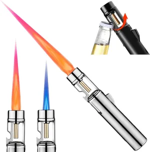 Torch Lighter, Camping Lighter with Beer Opener, Refillable Butane Gas Windproof Jet Flame Lightsaber, Red/Blue Flame with Safety Lock for Outdoor, Campfires, Camping, BBQ, Candles, Baking, Gift