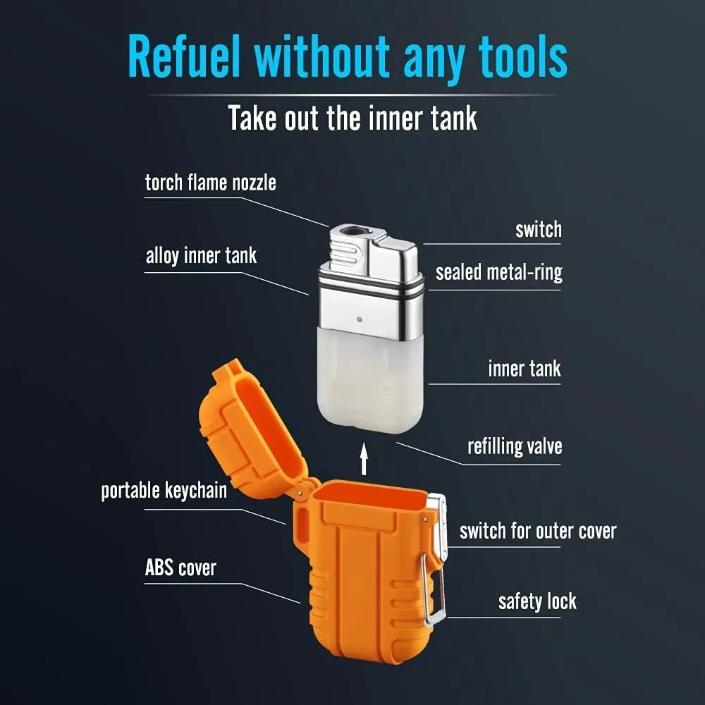 Torch Lighter, Refillable Mini Butane Lighter with Safety Lock, Waterproof and Windproof Gas Lighter, Adjustable Jet Flame Lighter, Blue (Butane Not Included)(Orange)