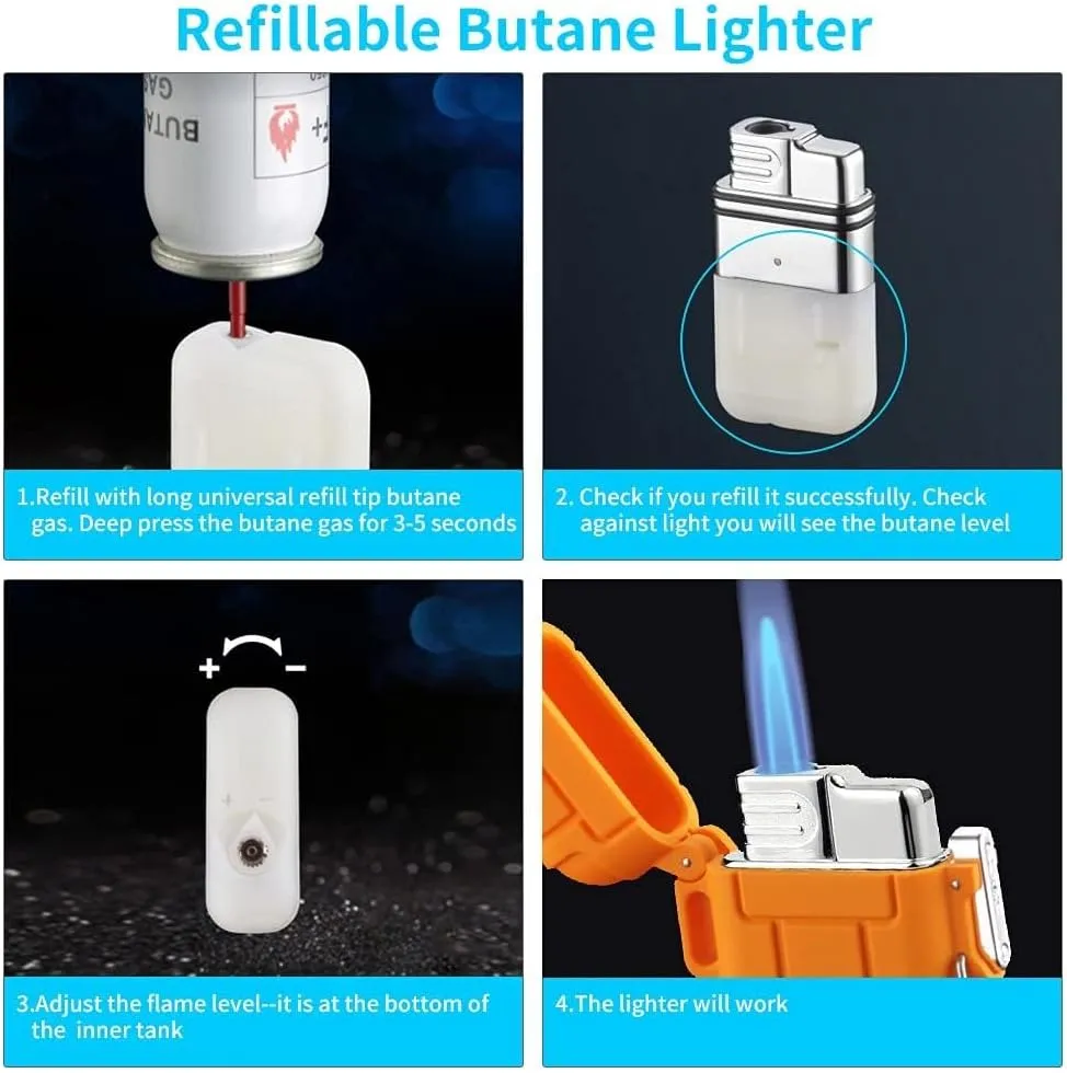 Torch Lighter, Refillable Mini Butane Lighter with Safety Lock, Waterproof and Windproof Gas Lighter, Adjustable Jet Flame Lighter, Blue (Butane Not Included)(Orange)