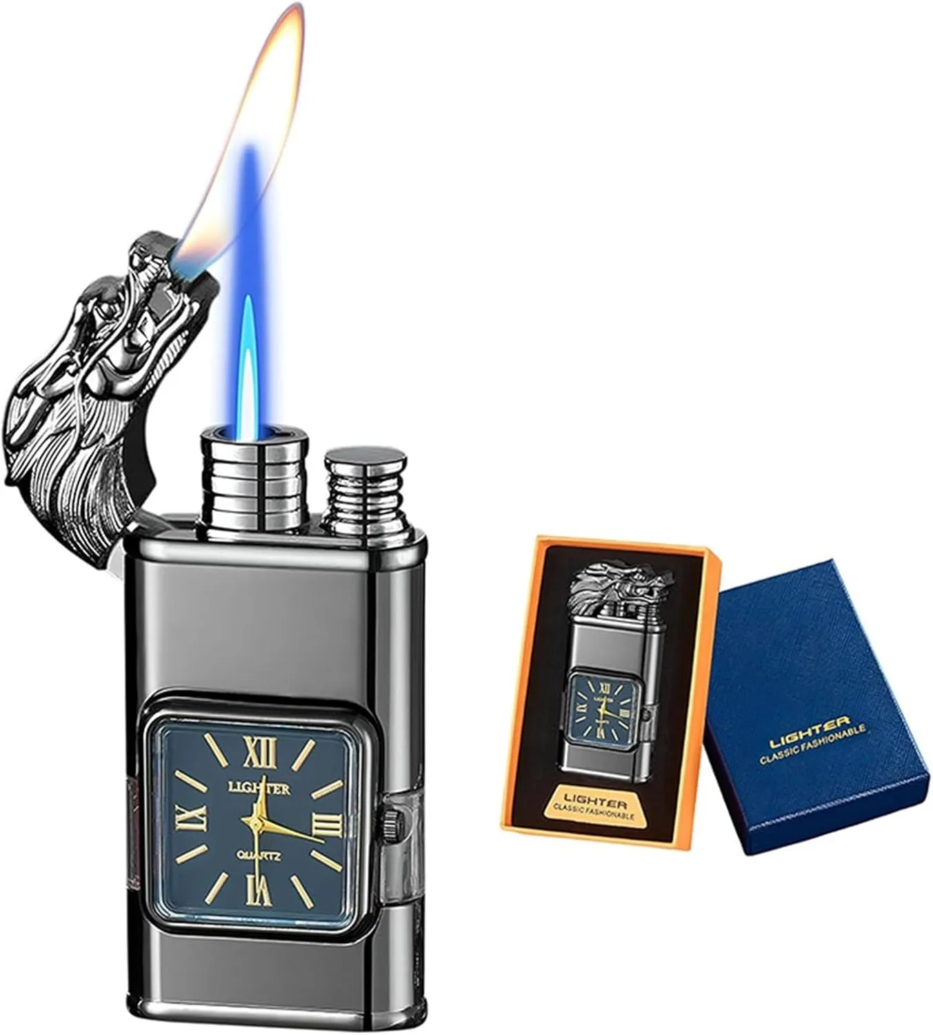 Torch Lighter, Stylish and Cool Dual Flame Dragon Lighter, Windproof with Visible Fuel Tank, Refillable Butane Gas Lighter, for Boyfriend and Girlfriend (Butane Not Included)(Black)