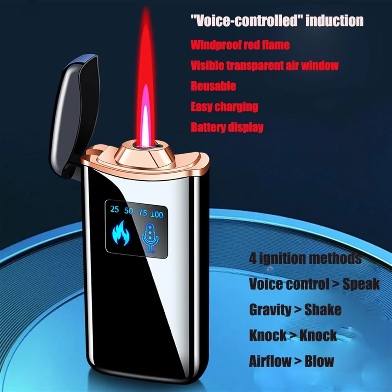 Torch lighter, voice-activated butane gas lighter, 4 ignition modes, intelligent induction windproof lighter, transparent visible gas window lighter, portable metal lighter (without gas)(Black)