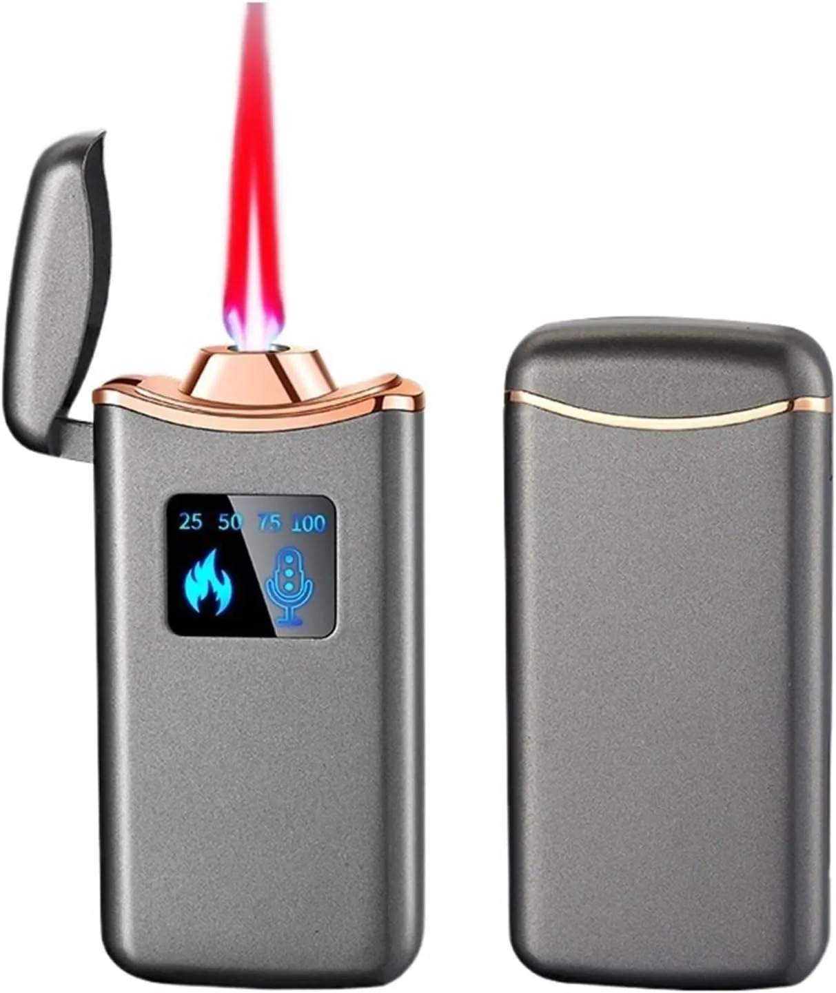 Torch lighter, voice-activated butane gas lighter, 4 ignition modes, intelligent induction windproof lighter, transparent visible gas window lighter, portable metal lighter (without gas)(Black)