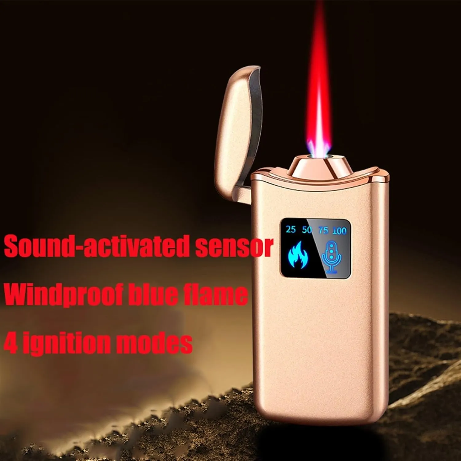 Torch lighter, voice-activated butane gas lighter, 4 ignition modes, intelligent induction windproof lighter, transparent visible gas window lighter, portable metal lighter (without gas)(Black)