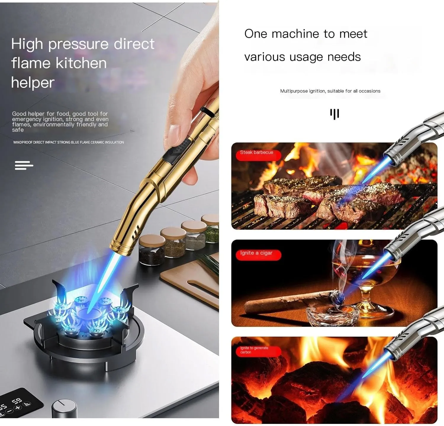 Torch Lighters, Candle Lighter, Butane Lighter, Windproof Adjustable Refillable Lighter for BBQ Grill Campfire Pilot Lights, 2 Pack - Butane Not Included (Color : Gold Blue)