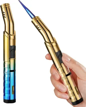 Torch Lighters, Candle Lighter, Butane Lighter, Windproof Adjustable Refillable Lighter for BBQ Grill Campfire Pilot Lights, 2 Pack - Butane Not Included (Color : Gold Blue)