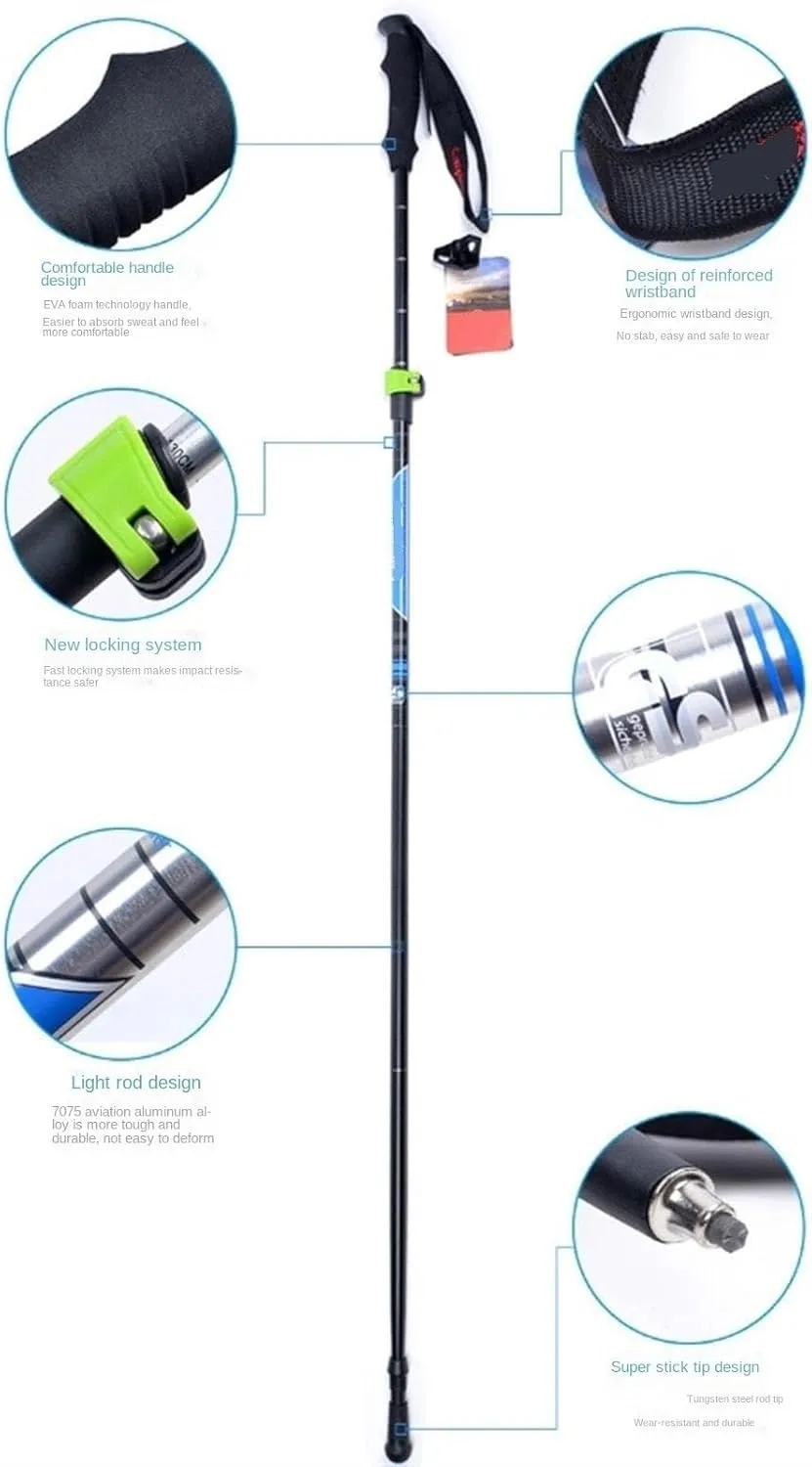 Travel Trekking Pole Folding Trekking Hiking Poles Strong Walking Stick Lightweight Aluminum Alloy for Camping Outdoor Activities(Silver)