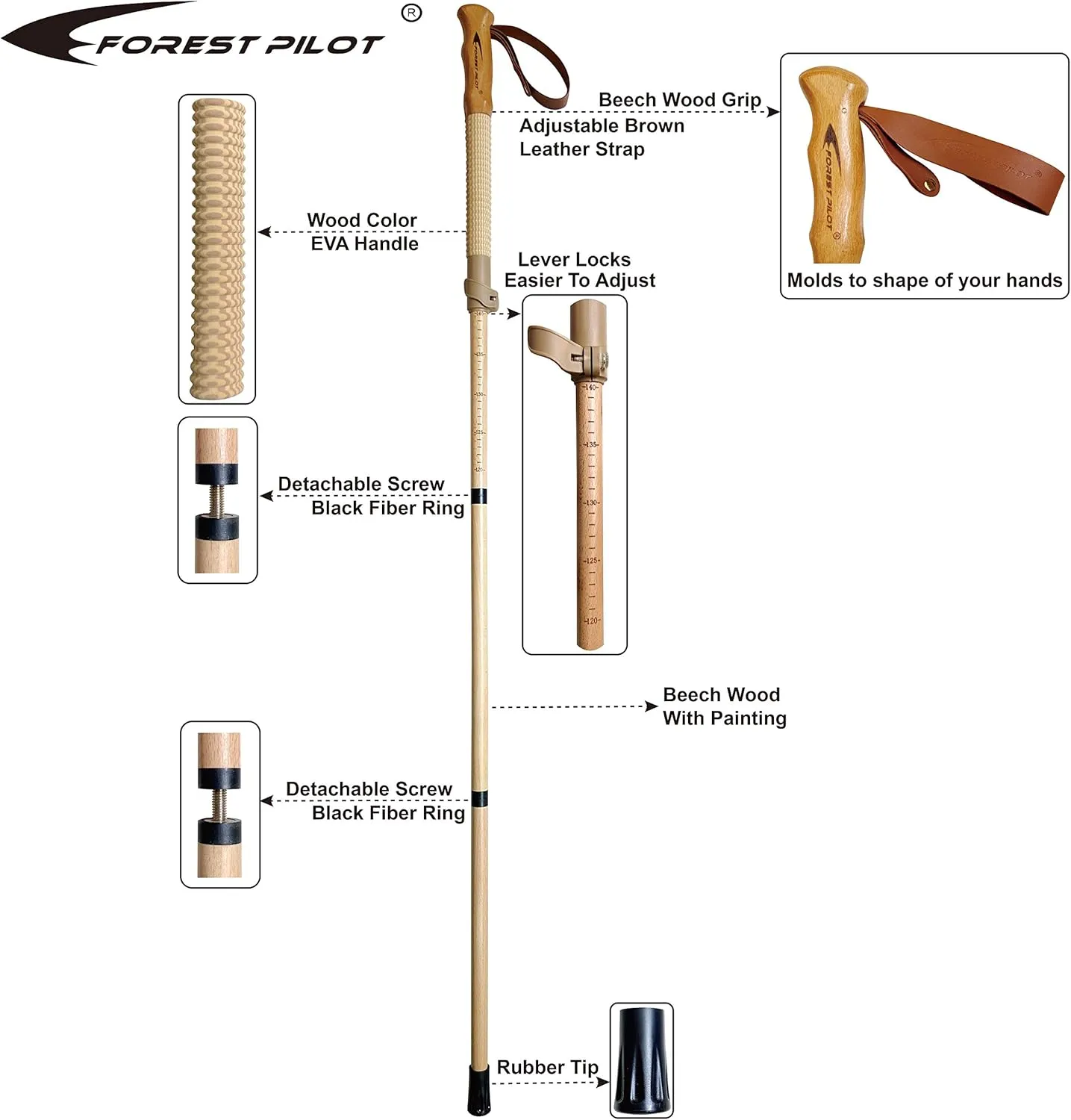 Trekking Poles- 1-pc Pack - Adjustable Hiking or Walking Stick –Strong, Natural Beech Wood - Quick Adjust Flip-Lock - Beech Wood Grip, Leather Strap