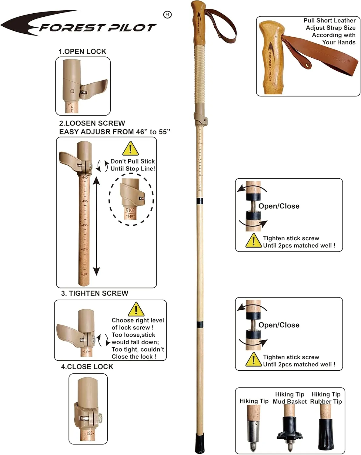 Trekking Poles- 1-pc Pack - Adjustable Hiking or Walking Stick –Strong, Natural Beech Wood - Quick Adjust Flip-Lock - Beech Wood Grip, Leather Strap