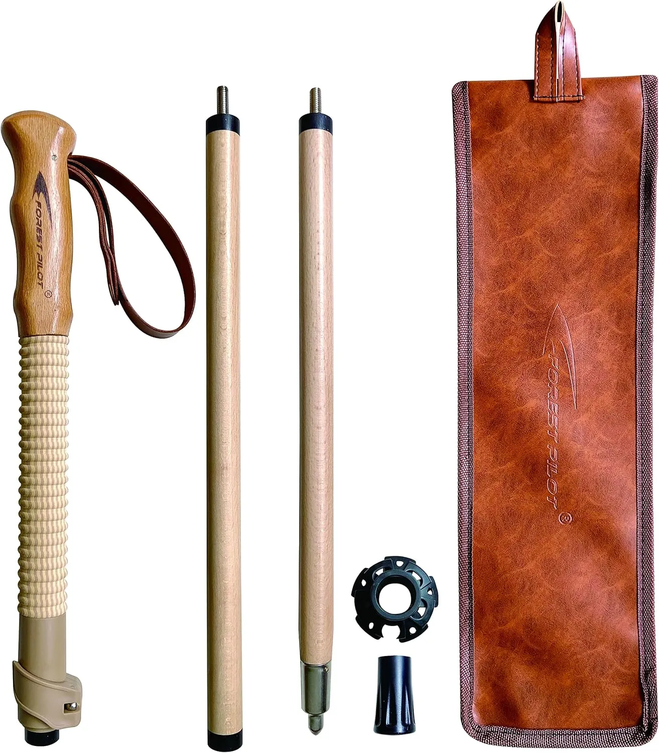 Trekking Poles- 1-pc Pack - Adjustable Hiking or Walking Stick –Strong, Natural Beech Wood - Quick Adjust Flip-Lock - Beech Wood Grip, Leather Strap