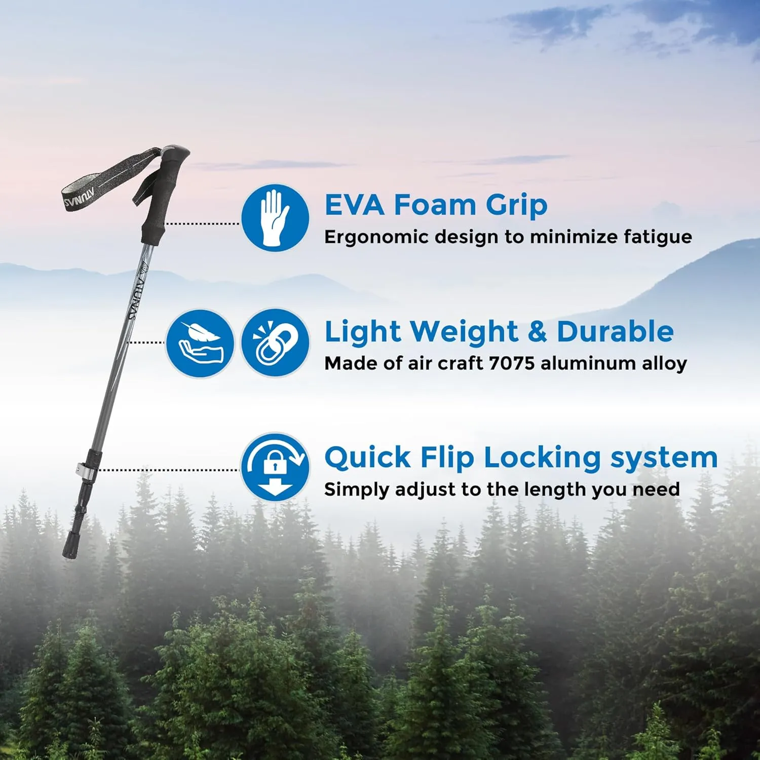 Trekking Poles, 2-Pack Lightweight Aluminum Collapsible Hiking Sticks with EVA Grip and Quick Lock for Men and Women