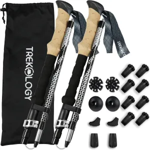 TREKOLOGY Trek-Z Collapsible Hiking & Trekking Poles -100cm-120cm (Black) Adjustable Length - Bundle with 8 pcs of Rubber Pole Tip - Perfect Set for Hikers, Backpacker - Walking Stick for Camping