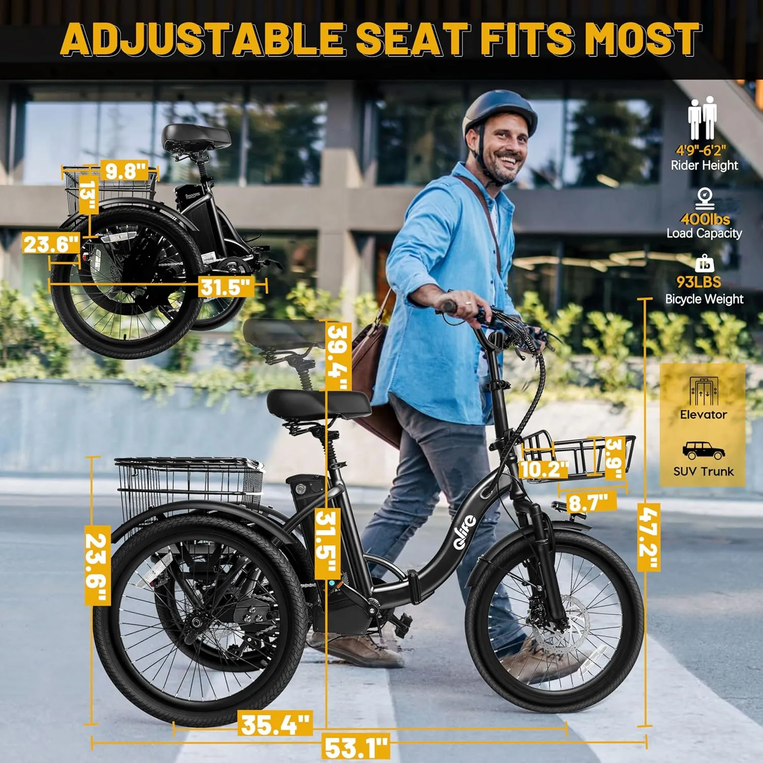 Triker Electric Bike, Peak 750W Brushless Motor Folding Trike Ebike, 468Wh Removable Battery, Step-Thru 3 Wheel Electric Bicycle, Up to 50 Miles, 20 Tire Tricycle for Adults