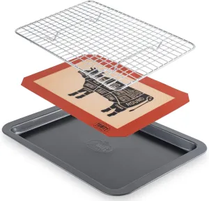 Trinity Provisions Meat Resting Pan - With Wire Rack and Silicone Baking Mat - Dishwasher and Oven Safe Stainless Steel, for Cooking and Cooling Steak, BBQ, Bacon, & More