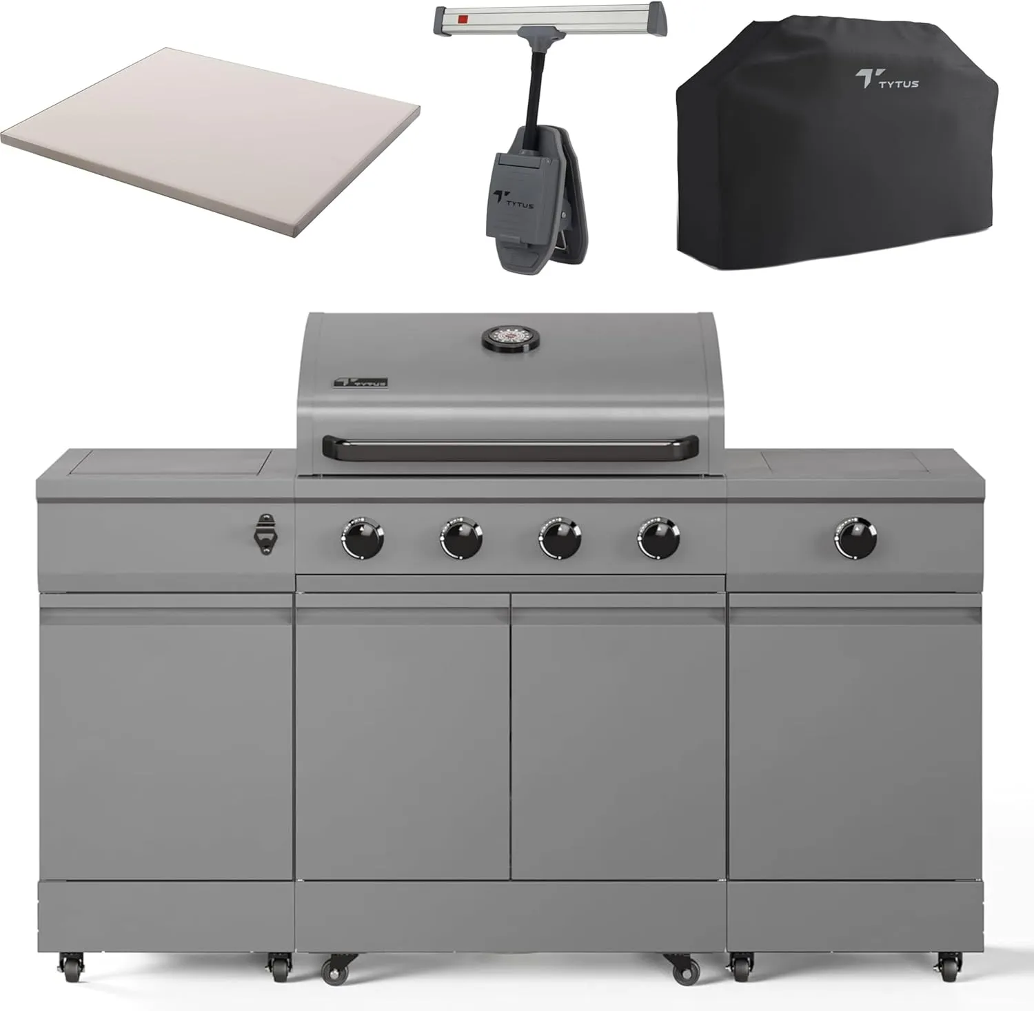 Tytus Fresno 5 Burner Propane or Natural Gas Island Grill with Cover, Pizza Stone & LED Light - 864 sq. in. Cooking Area, 48,000 BTU Grill, 12,000 BTU Side Burner - All Gunmetal