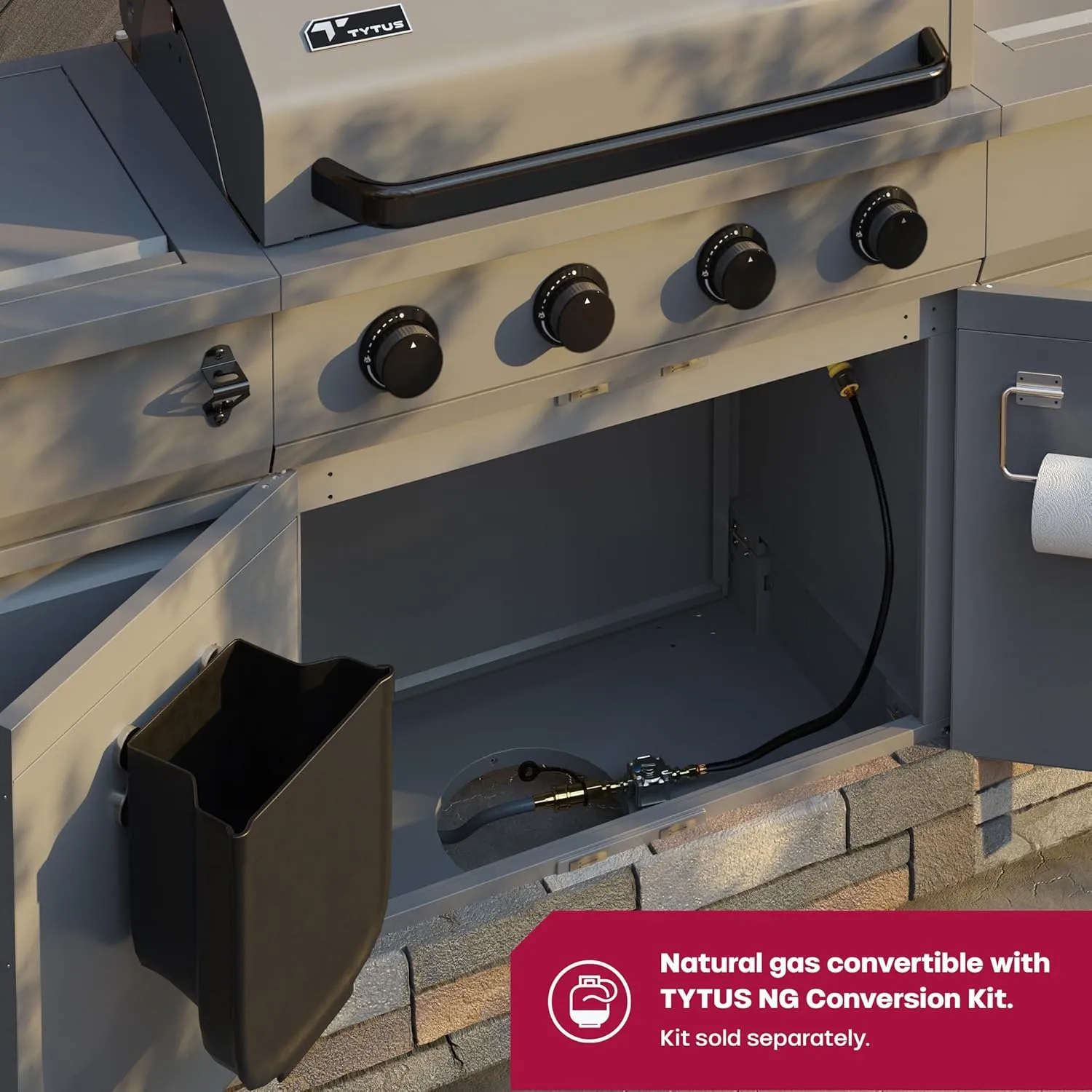 Tytus Fresno 5 Burner Propane or Natural Gas Island Grill with Cover, Pizza Stone & LED Light - 864 sq. in. Cooking Area, 48,000 BTU Grill, 12,000 BTU Side Burner - All Gunmetal