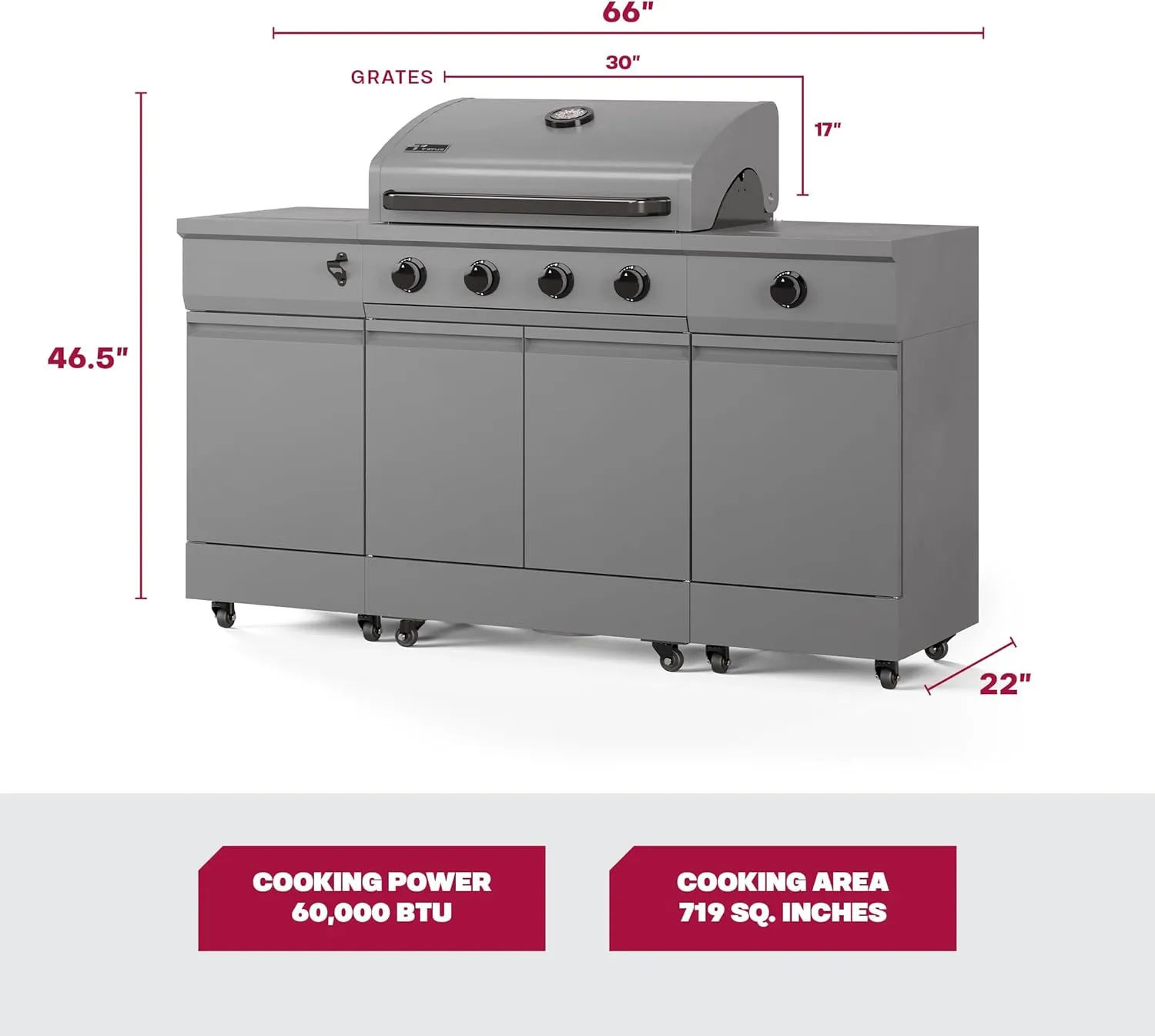 Tytus Fresno 5 Burner Propane or Natural Gas Island Grill with Cover, Pizza Stone & LED Light - 864 sq. in. Cooking Area, 48,000 BTU Grill, 12,000 BTU Side Burner - All Gunmetal