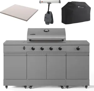 Tytus Fresno 5 Burner Propane or Natural Gas Island Grill with Cover, Pizza Stone & LED Light - 864 sq. in. Cooking Area, 48,000 BTU Grill, 12,000 BTU Side Burner - All Gunmetal
