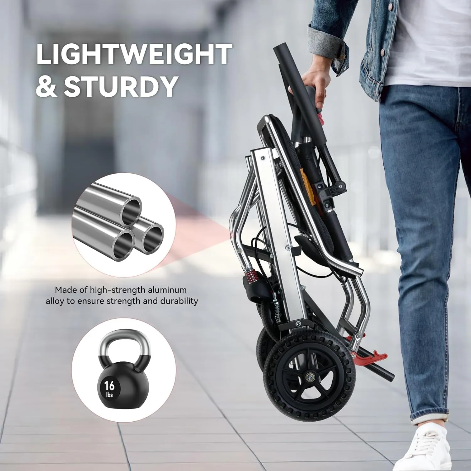 Ultra-Lightweight 19lbs Foldable Transport Wheelchair for Seniors - Portable Aluminum Travel Wheelchair with Carrying Bag, Supports 220lbs Capacity