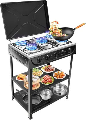 Undercat Gas Stove with 5 Burner Portable Natural Gas Stove with Support Leg Stand, Wind Blocking Cover, 2 Layers Storage Rack Manual Ignition Camping Stove for Home RV Apartment Outdoor (Black)