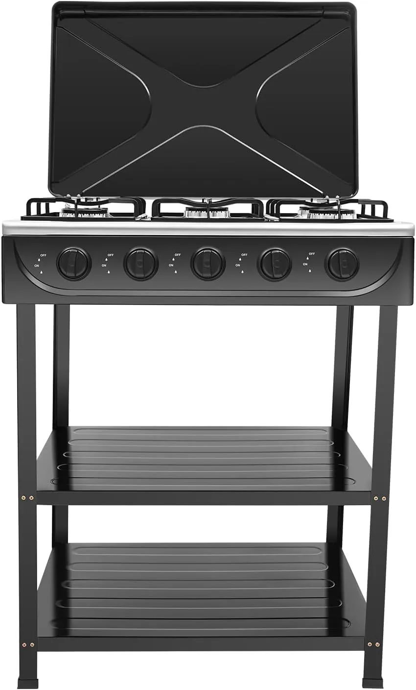 Undercat Gas Stove with 5 Burner Portable Natural Gas Stove with Support Leg Stand, Wind Blocking Cover, 2 Layers Storage Rack Manual Ignition Camping Stove for Home RV Apartment Outdoor (Black)