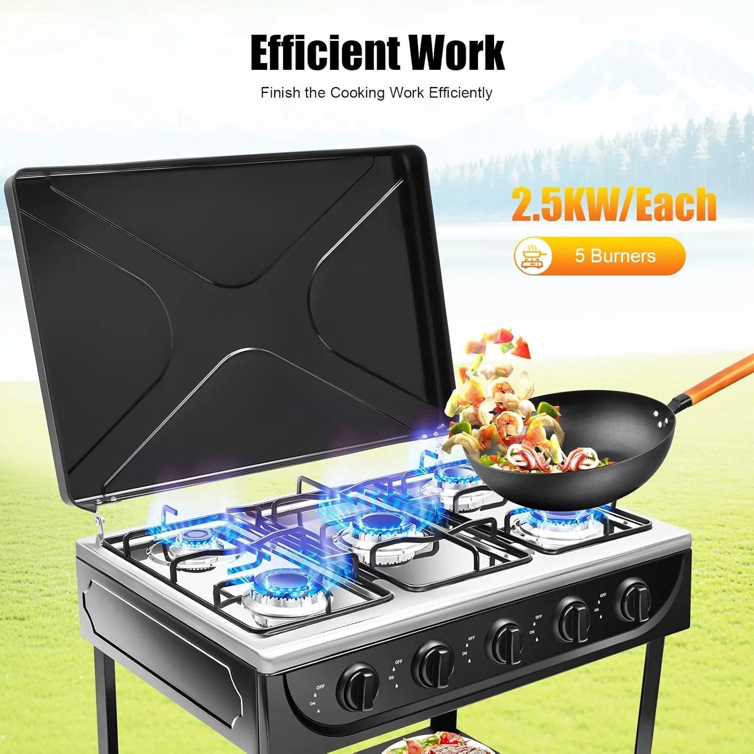 Undercat Gas Stove with 5 Burner Portable Natural Gas Stove with Support Leg Stand, Wind Blocking Cover, 2 Layers Storage Rack Manual Ignition Camping Stove for Home RV Apartment Outdoor (Black)