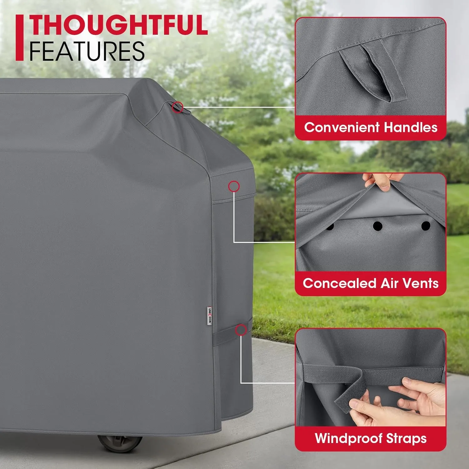Unicook 55 Inch Grill Cover for Outdoor Grill, Heavy Duty Waterproof Gas BBQ Cover, Outside 3-4 Burner Barbecue Covering for Weber, Char-Broil, Nexgrill, All Weather Resistant, Grey