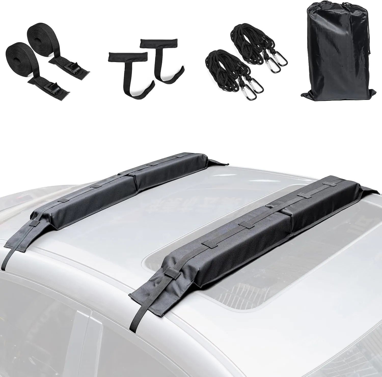 Universal Car Soft Roof Rack for Kayak Surfboard SUP Canoe,Car Rooftop Rack for Ski & Snowboard with 2 Heavy Duty Tie Down Straps, 2 Tie Down Rope, 2 Quick Loop Strap and Storage Bag