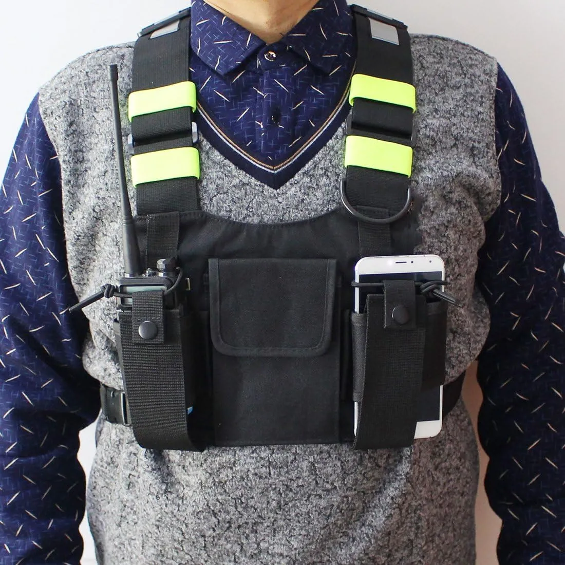 Universal Radio Harness Chest Rig Bag Pocket Pack Holster Vest Fluorescent Green for Two Way Radio