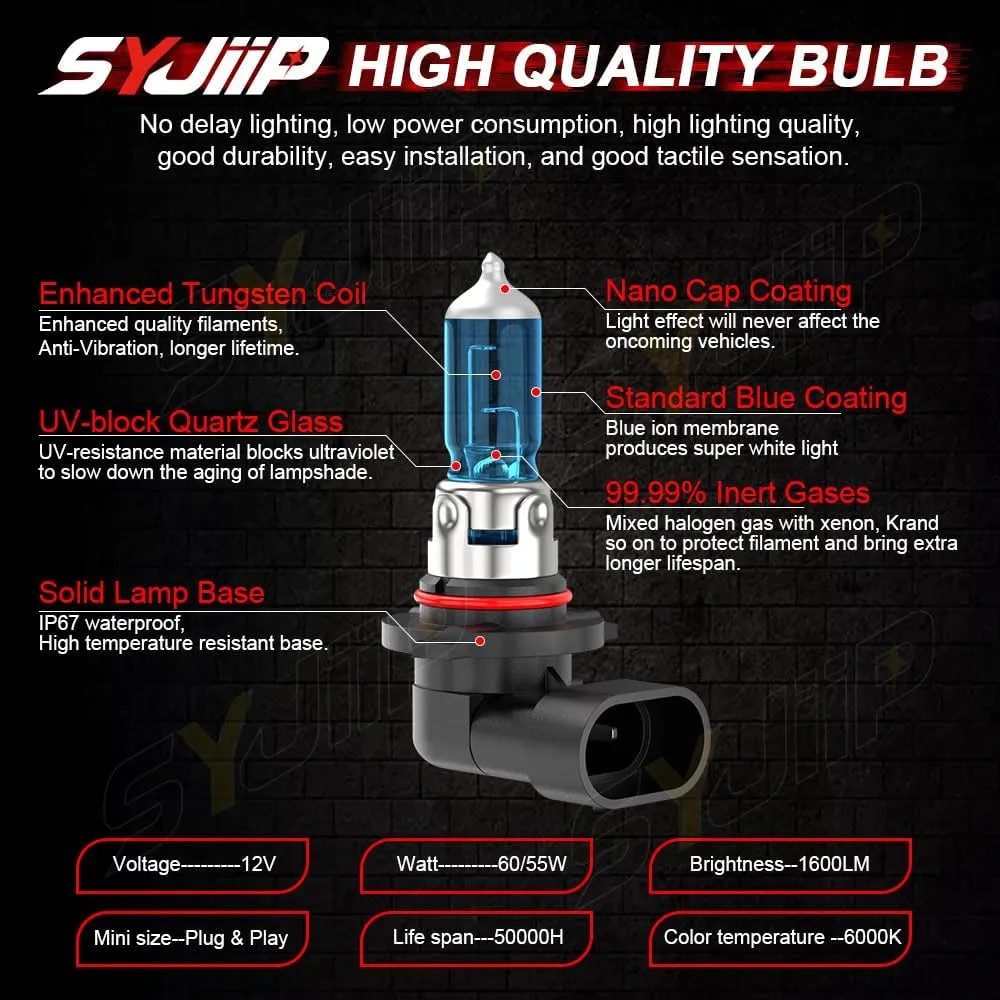 Upgraded Halogen Headlight Bulbs For Toyota Camry 2007 2008 2009 2010 2011 2012 2013 2014 2015 2016 2017 2018, 9005 H11 High Low Beam Headlamp Lights, 6000K White, 300% Brightness, Plug n Play, 4-Pack