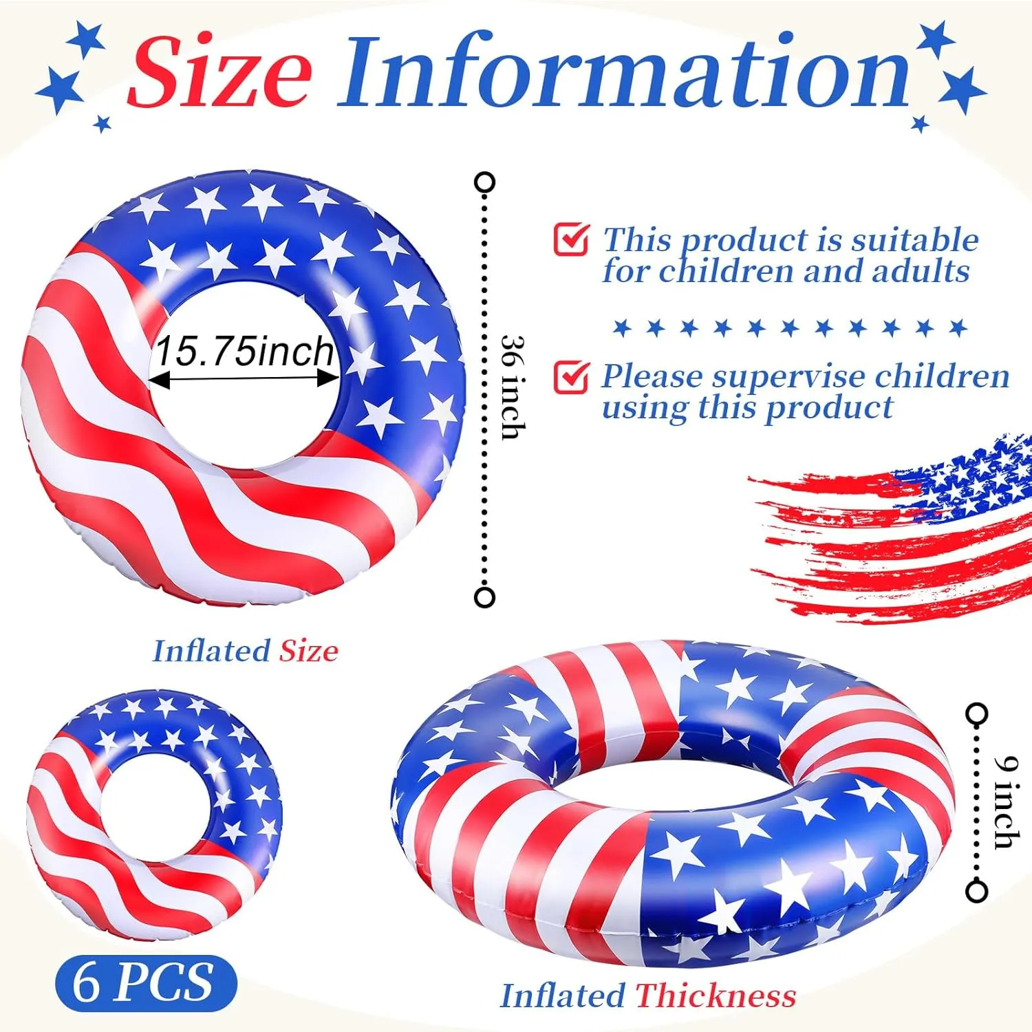 USA Flag Pool Float 36'' America Flag Inflatable Ring Pool Float Patriotic Round Swim Pool Tube for Beach Lake Ocean Pool Water Sports Summer Swimming Fun for Adults Teens