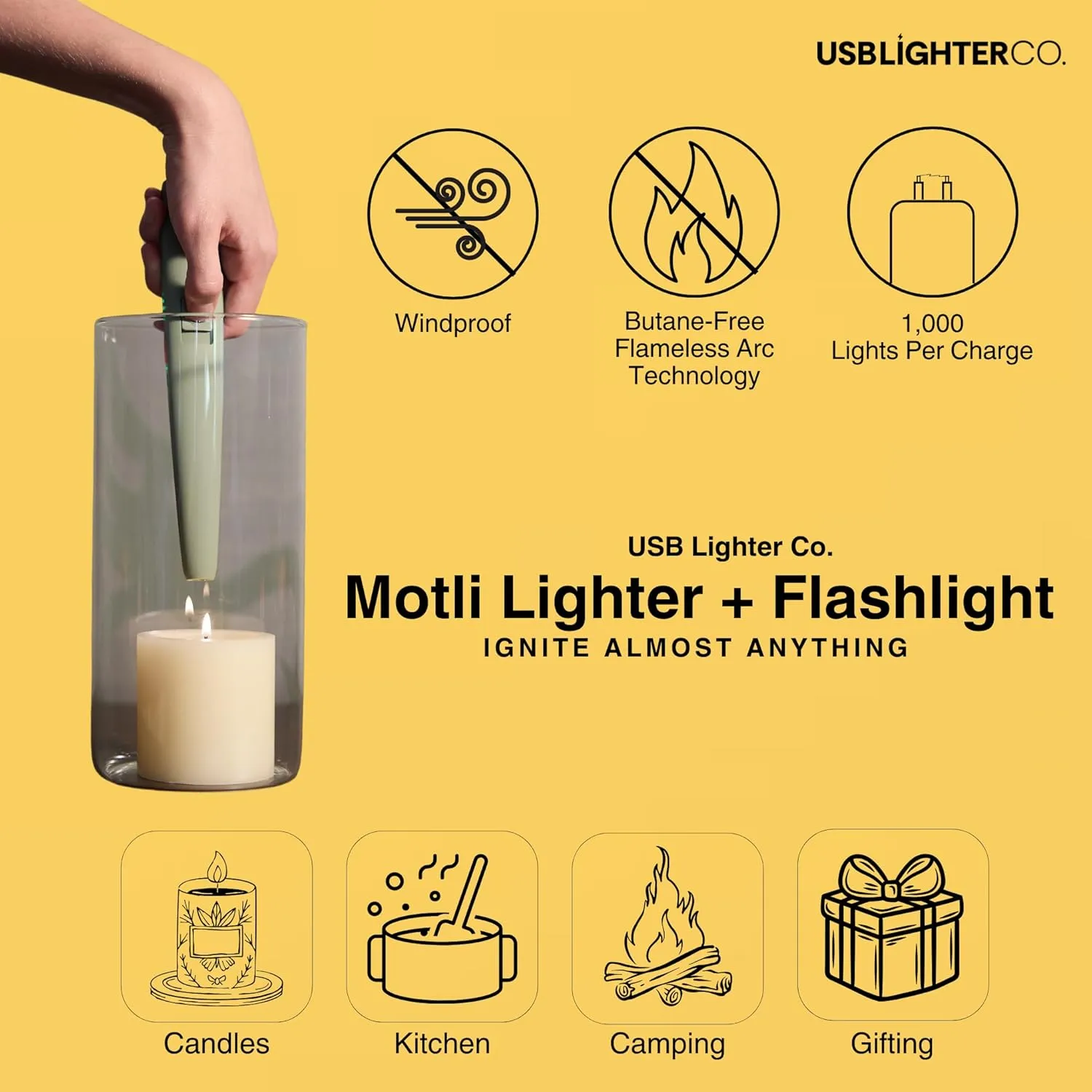 USB Lighter Co. MOTLI Electric Arc Windproof Flameless USB Rechargeable Lighter with Flashlight & Safety Lock for Candle Camping BBQ Grill Gift Outdoors (Magenta)