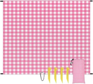 Valentine's Day Beach Blanket, Sandproof Beach Mat, 68 x 59 Waterproof Quick Drying Sand Free Mat with 4 x Ground Spikes for Outdoor Travel Camping Hiking, Spring Buffalo Plaid