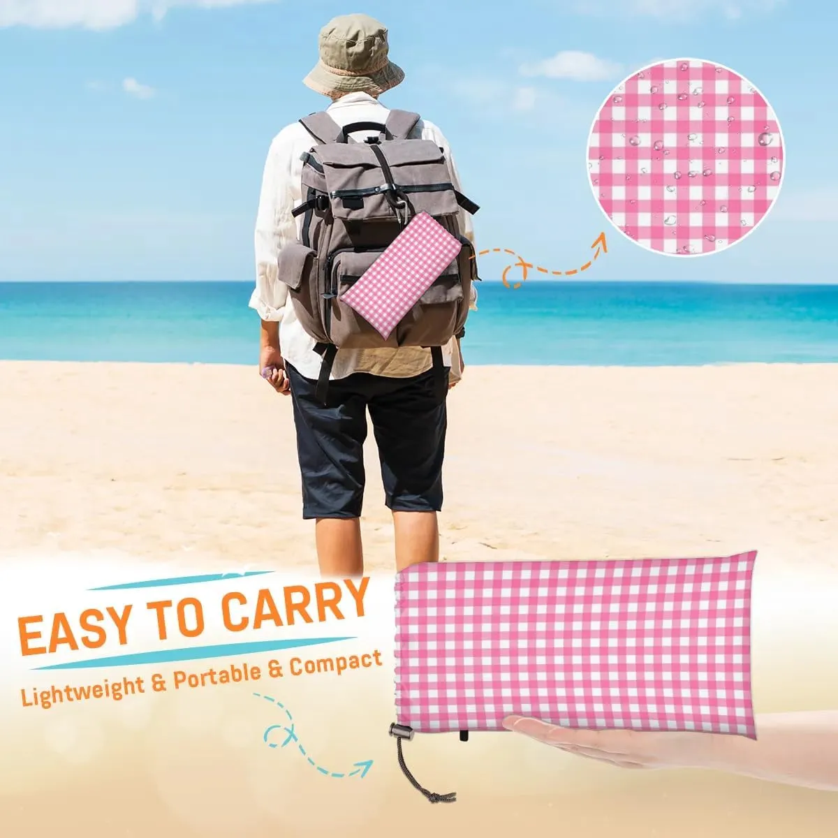 Valentine's Day Beach Blanket, Sandproof Beach Mat, 68 x 59 Waterproof Quick Drying Sand Free Mat with 4 x Ground Spikes for Outdoor Travel Camping Hiking, Spring Buffalo Plaid