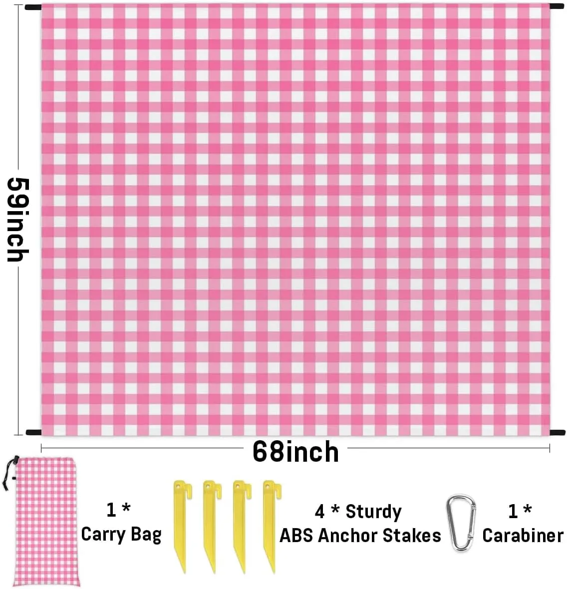 Valentine's Day Beach Blanket, Sandproof Beach Mat, 68 x 59 Waterproof Quick Drying Sand Free Mat with 4 x Ground Spikes for Outdoor Travel Camping Hiking, Spring Buffalo Plaid
