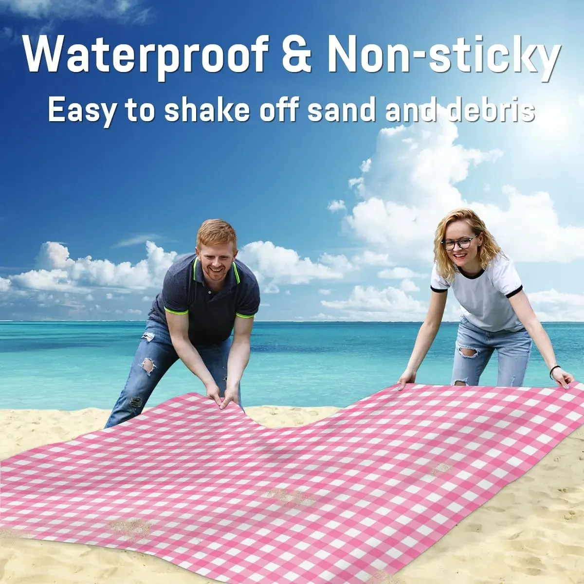 Valentine's Day Beach Blanket, Sandproof Beach Mat, 68 x 59 Waterproof Quick Drying Sand Free Mat with 4 x Ground Spikes for Outdoor Travel Camping Hiking, Spring Buffalo Plaid