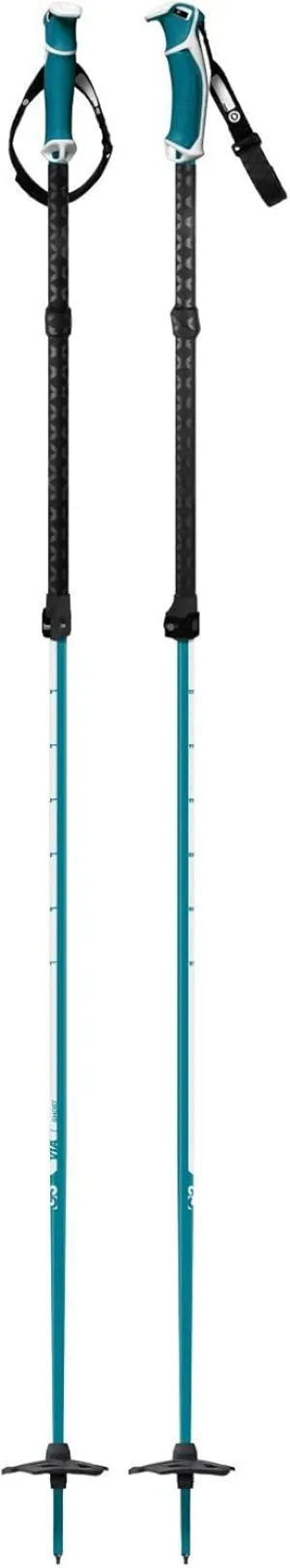 VIA Aluminum Ski Poles, Tough Adjustable Two Piece ski Pole, Ergonomic Dual Density Grips, QuickFlick Utility tab, Removable Backcountry Strap, Pair